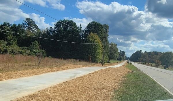 Concrete walking path next to a road. 