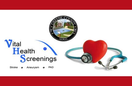 Vital Health Screening with heart, stethoscope and Greene County Logo